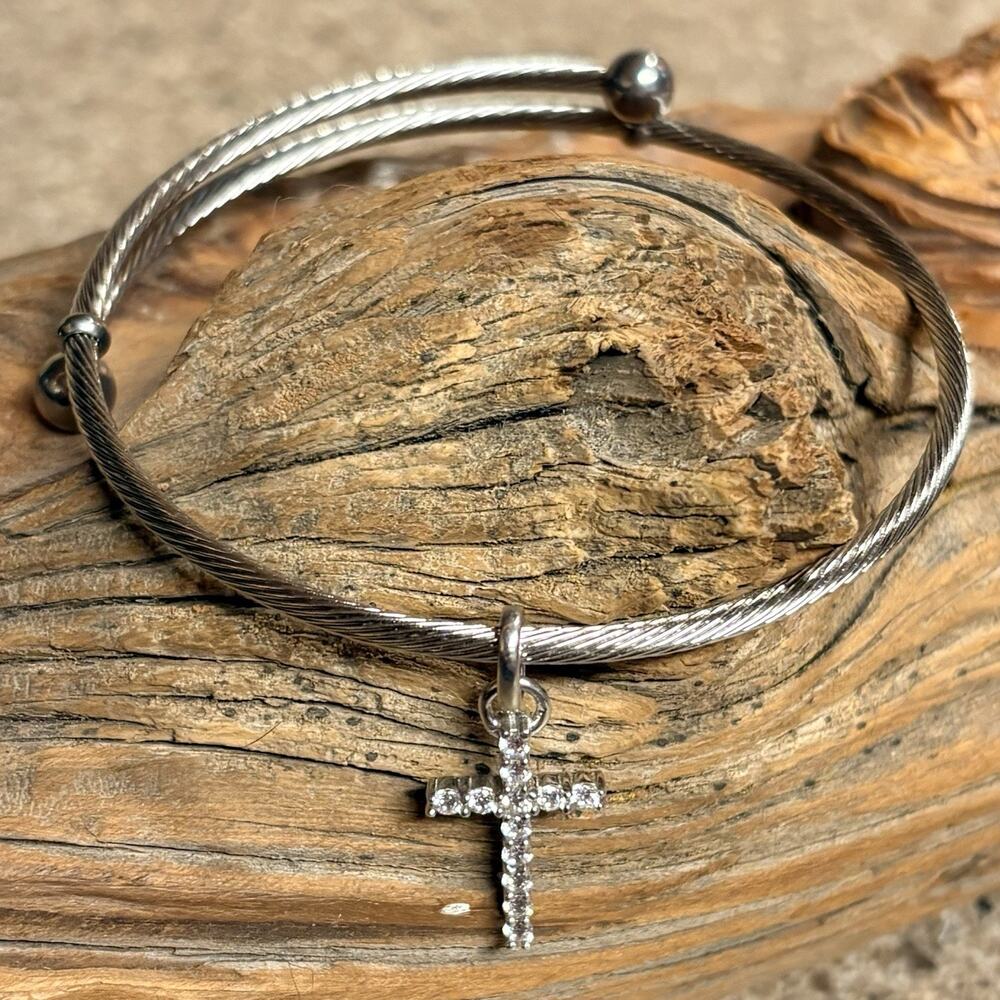Sterling Silver & CZ Cross Charm on Stainless Steel Cable Bracelet